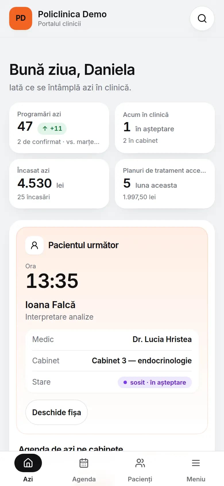 Pagina „Azi” a policlinicii demo, pe telefon