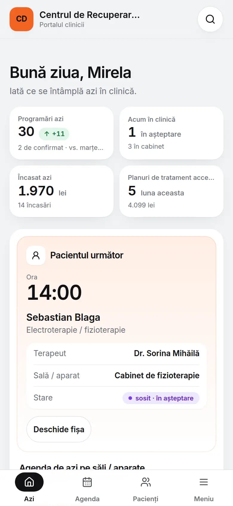 Pagina „Azi” a centrului de recuperare demo, pe telefon