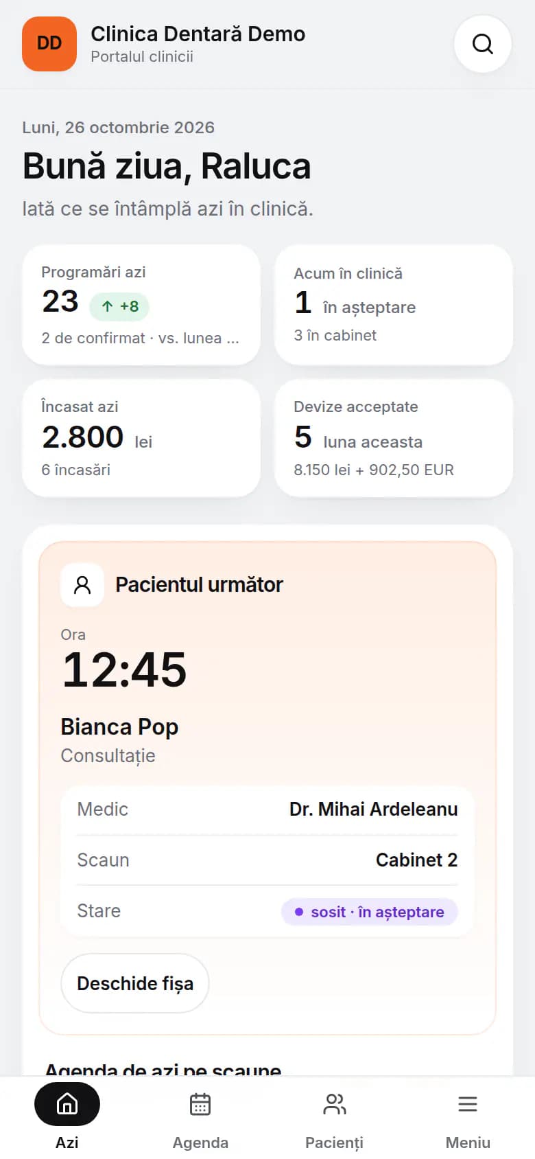Pagina „Azi” din clinica demo, pe telefon