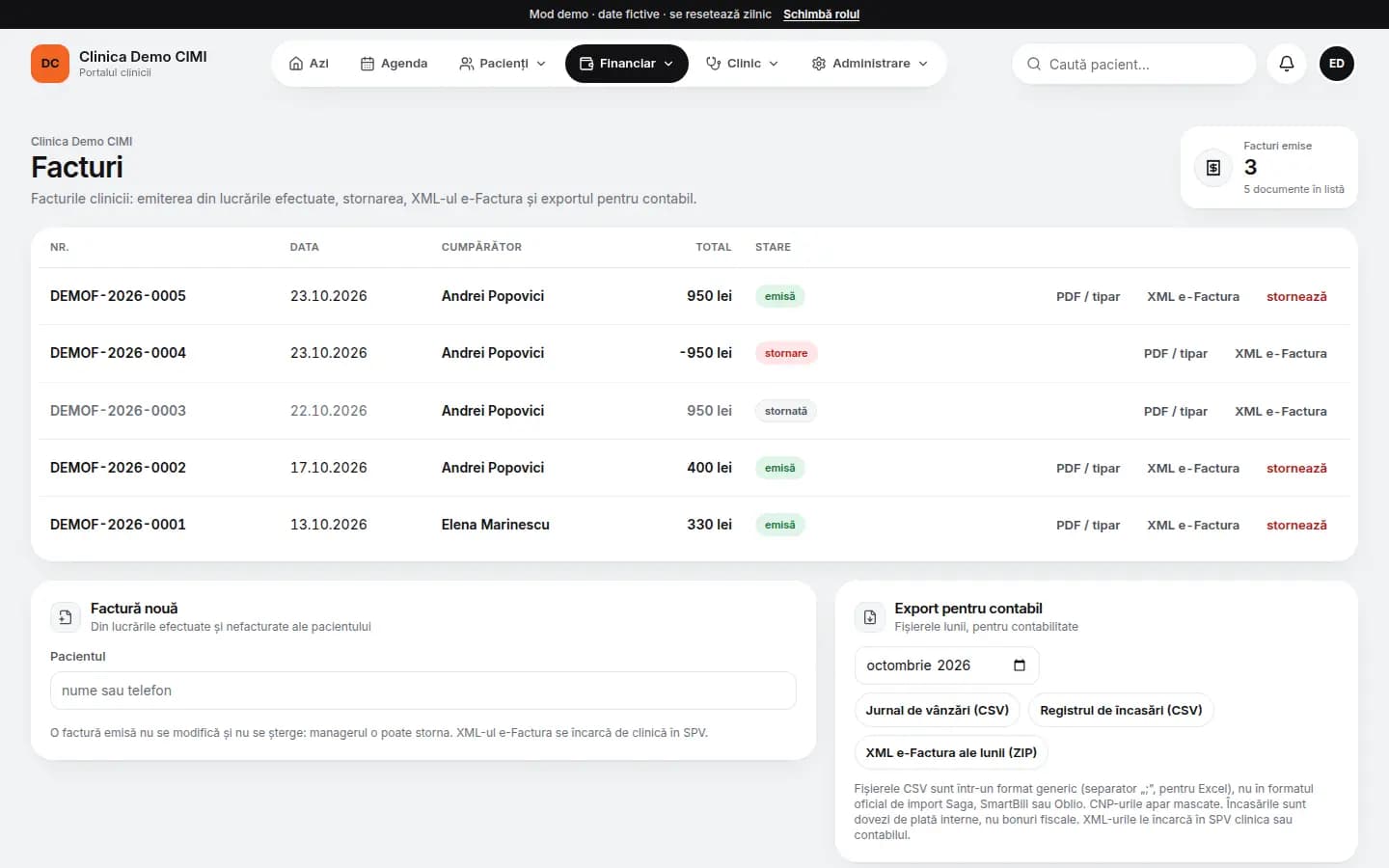 Facturile clinicii demo: emise, stornate, cu butoane pentru PDF și XML e-Factura și exportul pentru contabil