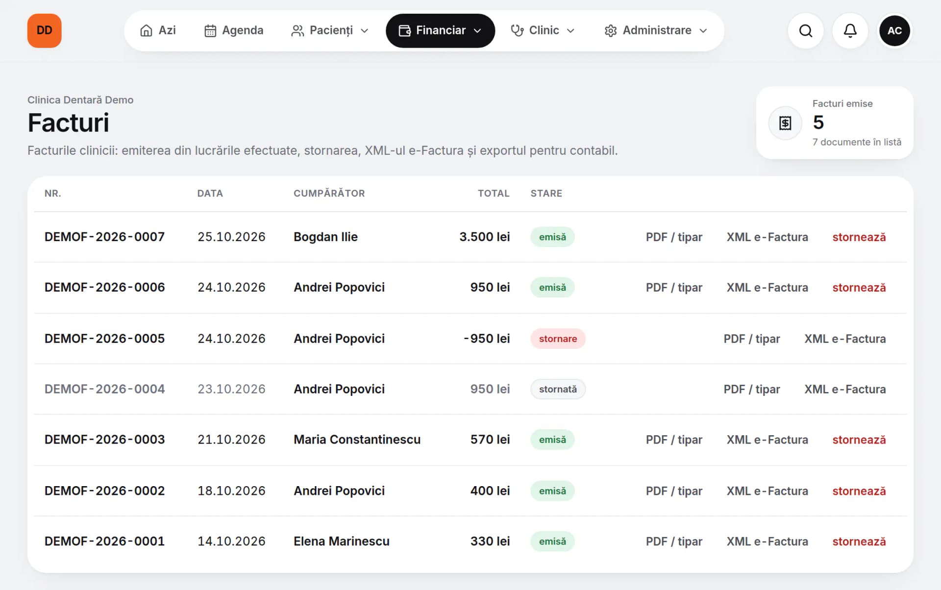 Facturile clinicii demo, cu butoane pentru PDF și XML e-Factura și exportul pentru contabil