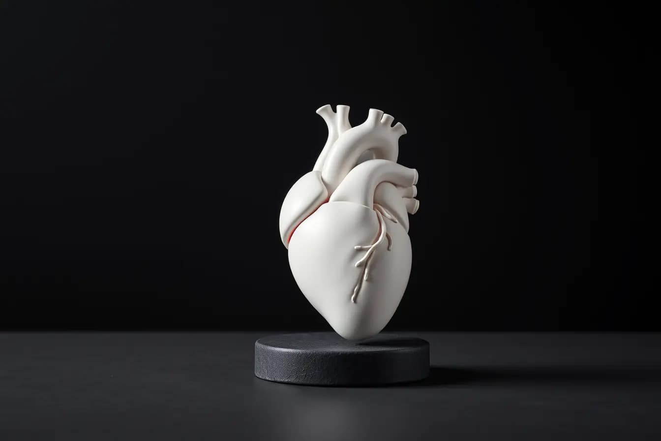 Imagine ilustrativă: un model anatomic al inimii, din ceramică albă mată, pe un soclu de ardezie