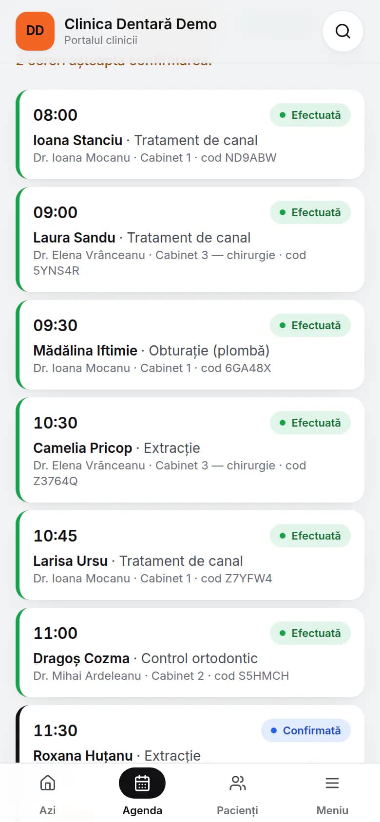 Programările zilei pe telefon, în clinica demo