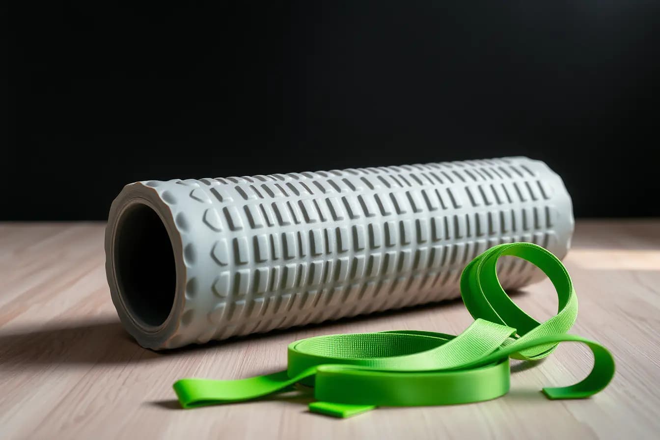 Imagine ilustrativă: o rolă de masaj din spumă și o bandă elastică verde, pe o podea din lemn deschis
