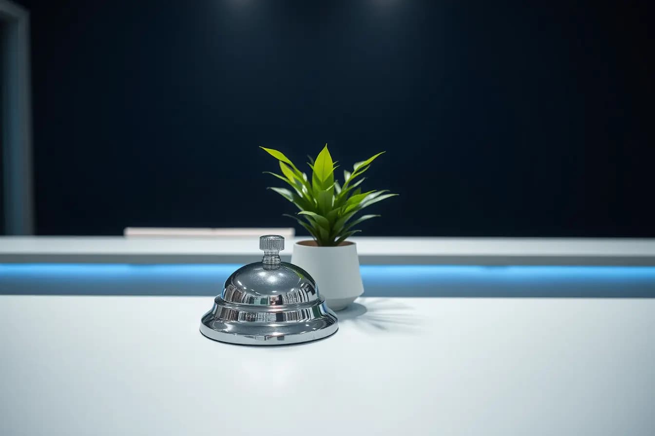 Imagine ilustrativă: un clopoțel de recepție cromat și o plantă verde pe blatul alb al unei recepții, cu lumină albastră discretă