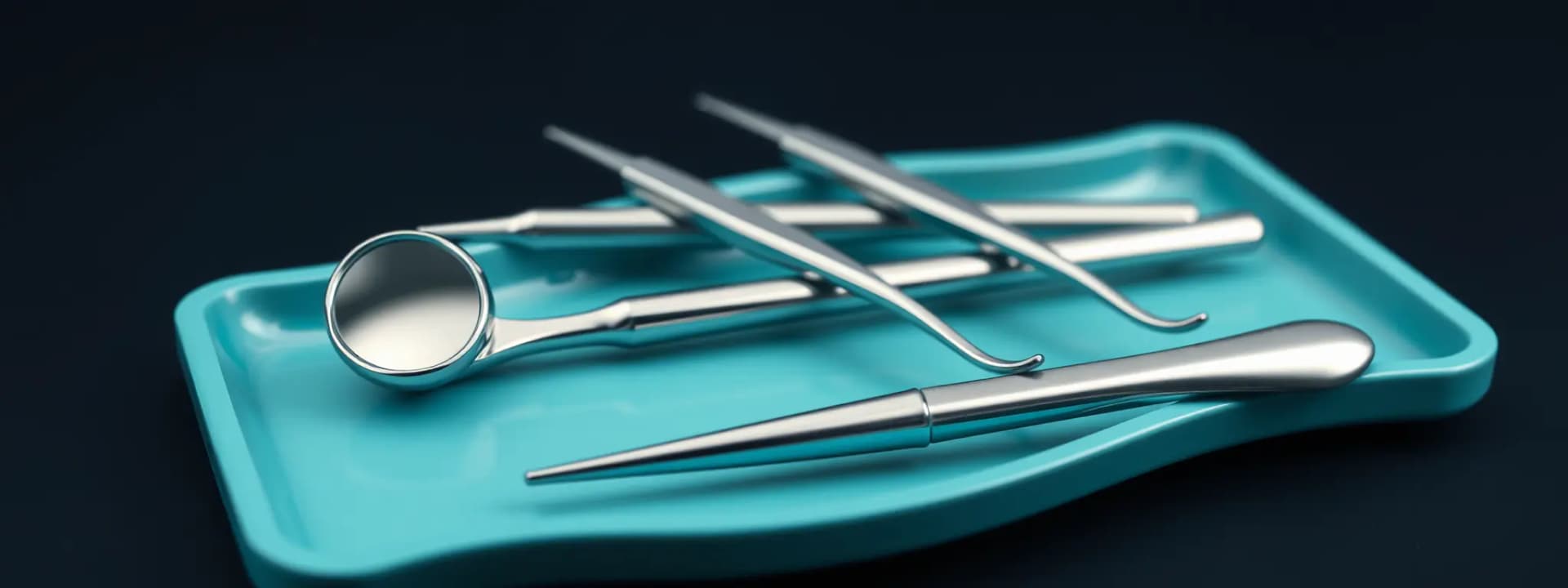 Imagine ilustrativă: instrumente stomatologice din oțel pe o tavă turcoaz: o oglindă dentară, două sonde și o pensetă