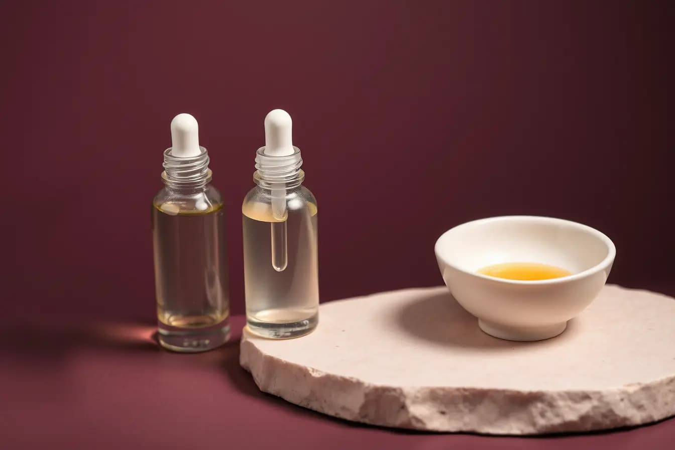 Imagine ilustrativă: două flacoane de ser cu pipetă, fără etichete, și un bol de ceramică cu o picătură de ser auriu, pe o lespede de piatră roz