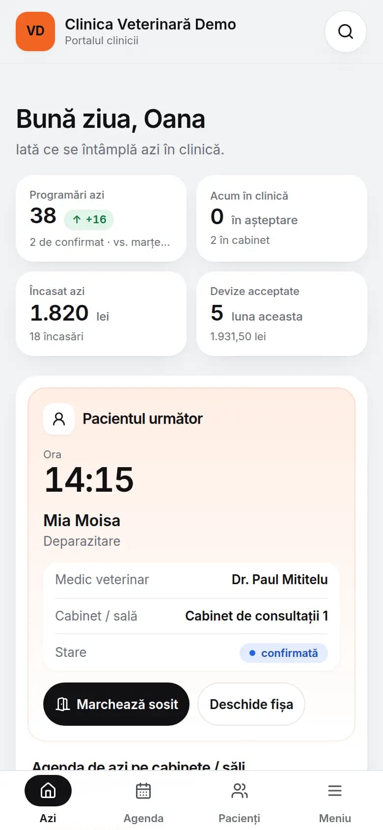 Pagina „Azi” a clinicii veterinare demo, pe telefon