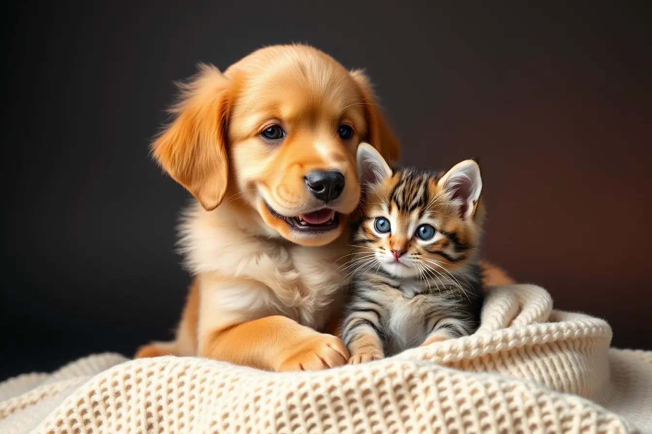 Imagine ilustrativă: un cățel golden retriever și un pisoi tărcat, lipiți unul de altul, pe o pătură tricotată
