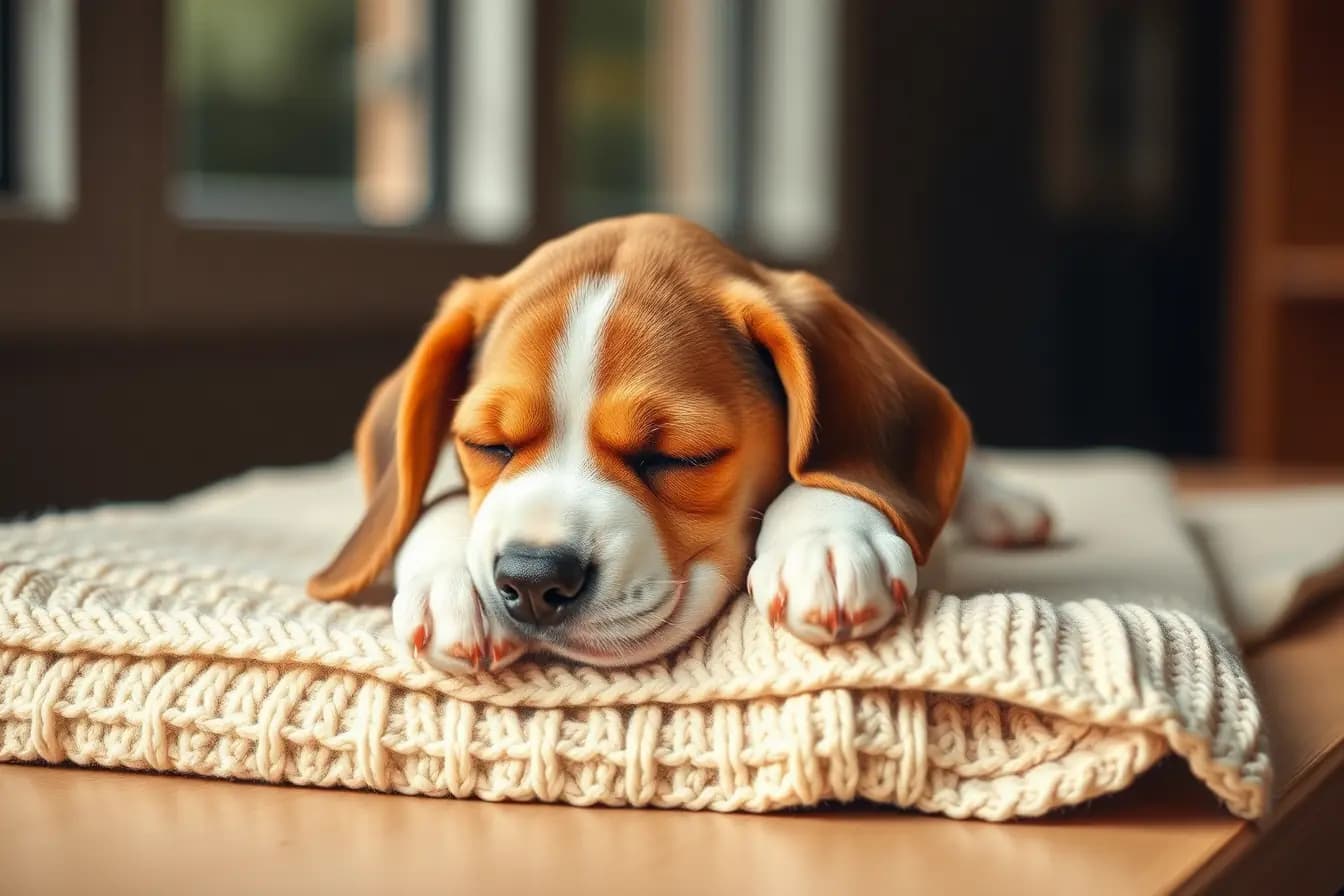 Imagine ilustrativă: un cățel beagle doarme cu botul pe labe, pe o pătură tricotată, pe masa de consultație