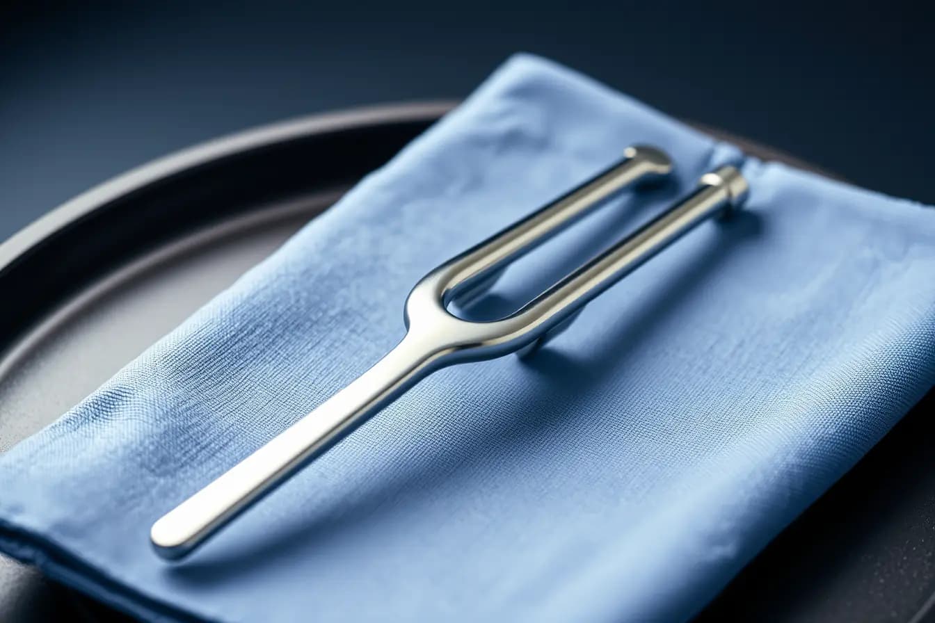 Imagine ilustrativă: un diapazon din oțel pe o lavetă indigo împăturită, pe o tavă închisă la culoare